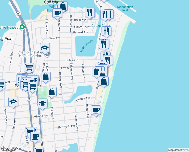 map of restaurants, bars, coffee shops, grocery stores, and more near 20 Central Avenue in Point Pleasant Beach