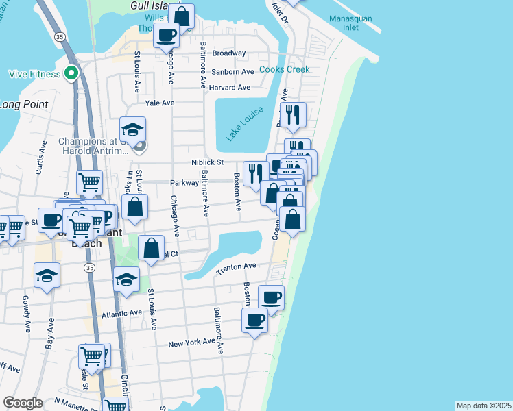 map of restaurants, bars, coffee shops, grocery stores, and more near 20 Central Avenue in Point Pleasant Beach