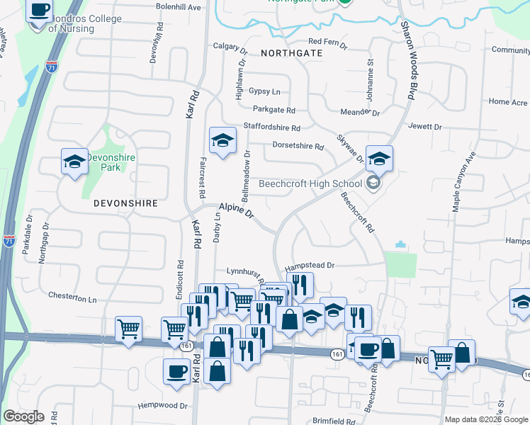 map of restaurants, bars, coffee shops, grocery stores, and more near 6164 Harrington Court in Columbus