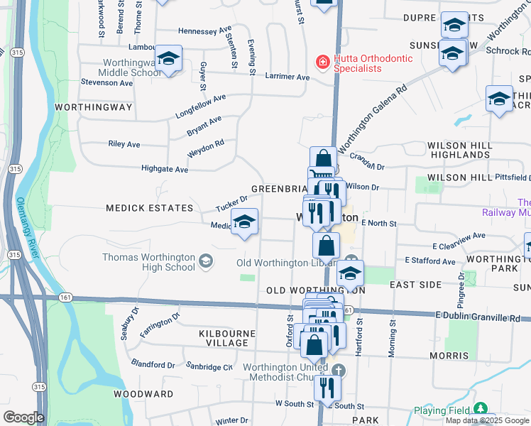 map of restaurants, bars, coffee shops, grocery stores, and more near 921 Evening Street in Worthington