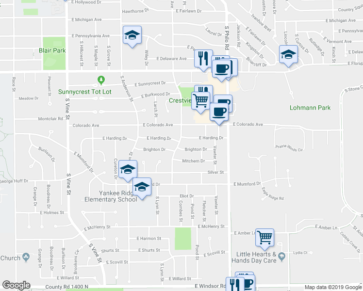 map of restaurants, bars, coffee shops, grocery stores, and more near 1005 East Harding Drive in Urbana