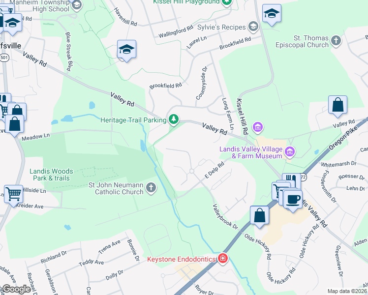 map of restaurants, bars, coffee shops, grocery stores, and more near 363 Valleybrook Drive in Lancaster