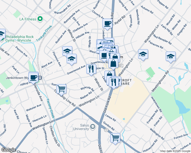 map of restaurants, bars, coffee shops, grocery stores, and more near 148 Walnut Street in Jenkintown