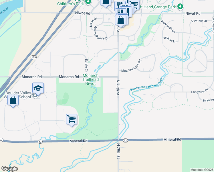 map of restaurants, bars, coffee shops, grocery stores, and more near 6571 Monarch Park Court in Longmont