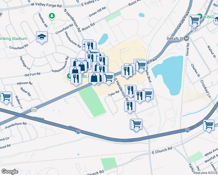 map of restaurants, bars, coffee shops, grocery stores, and more near 125 West Dekalb Pike in King of Prussia