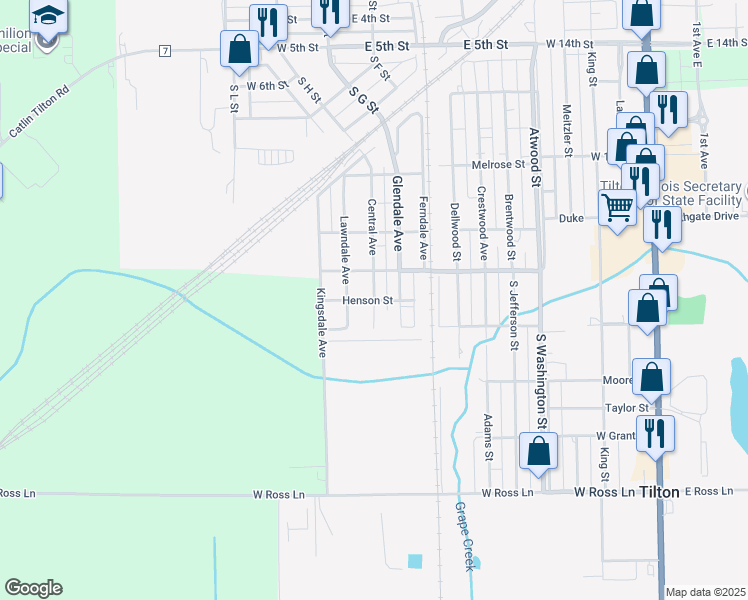 map of restaurants, bars, coffee shops, grocery stores, and more near Henson Street in Tilton