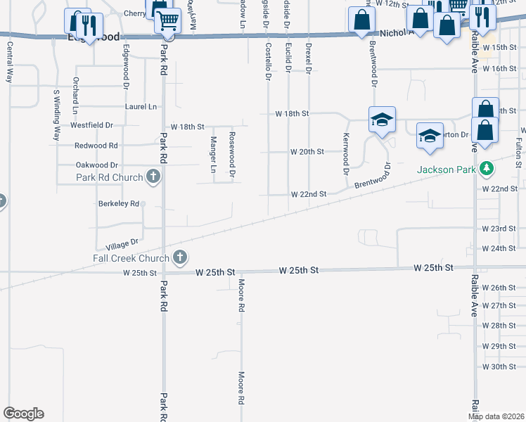 map of restaurants, bars, coffee shops, grocery stores, and more near 2218 Costello Drive in Anderson