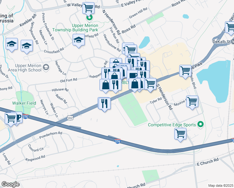 map of restaurants, bars, coffee shops, grocery stores, and more near 248 West Dekalb Pike in King of Prussia