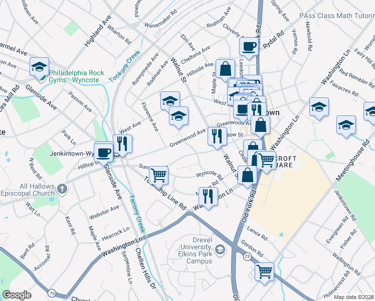 map of restaurants, bars, coffee shops, grocery stores, and more near 237 Summit Avenue in Jenkintown