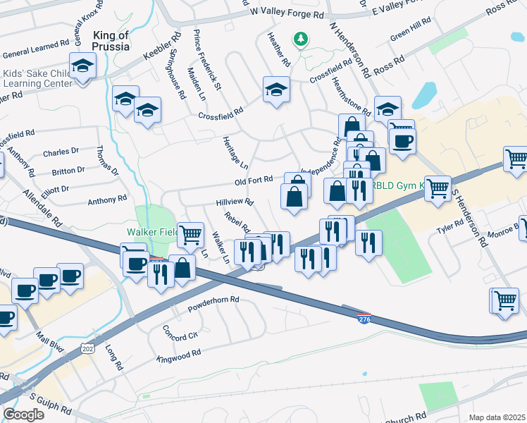 map of restaurants, bars, coffee shops, grocery stores, and more near 148 Hillview Road in King of Prussia