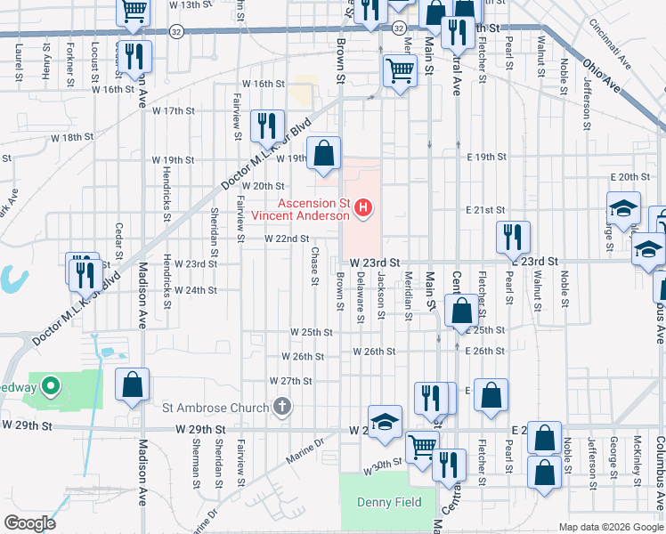 map of restaurants, bars, coffee shops, grocery stores, and more near 2301 Brown Street in Anderson