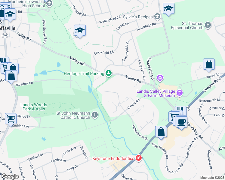 map of restaurants, bars, coffee shops, grocery stores, and more near 363 Valleybrook Drive in Lancaster