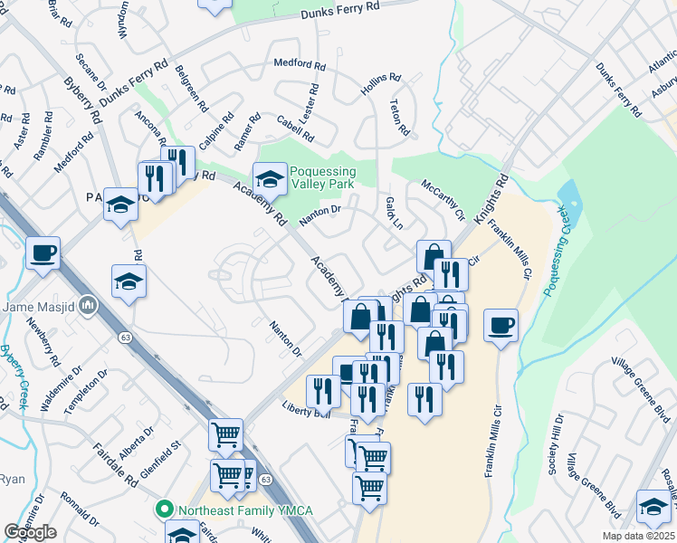 map of restaurants, bars, coffee shops, grocery stores, and more near 3705 Academy Road in Philadelphia