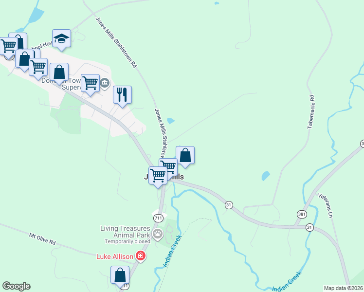 map of restaurants, bars, coffee shops, grocery stores, and more near 134 Jones Mills Stahlstown Road in Jones Mills
