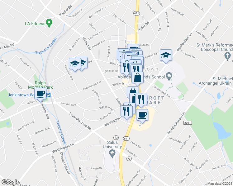map of restaurants, bars, coffee shops, grocery stores, and more near 148 Walnut Street in Jenkintown