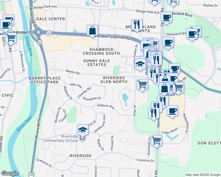 map of restaurants, bars, coffee shops, grocery stores, and more near 6833 Riverside Glen Court in Dublin
