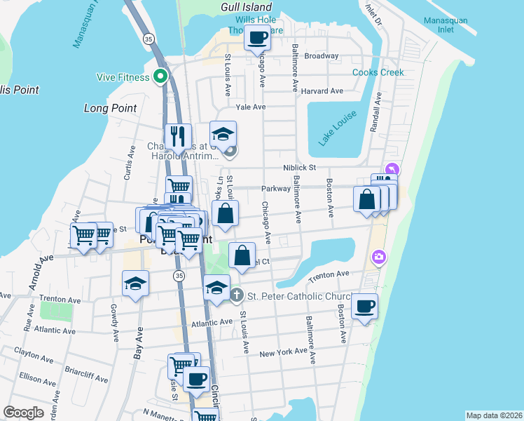 map of restaurants, bars, coffee shops, grocery stores, and more near 301 Central Avenue in Point Pleasant Beach