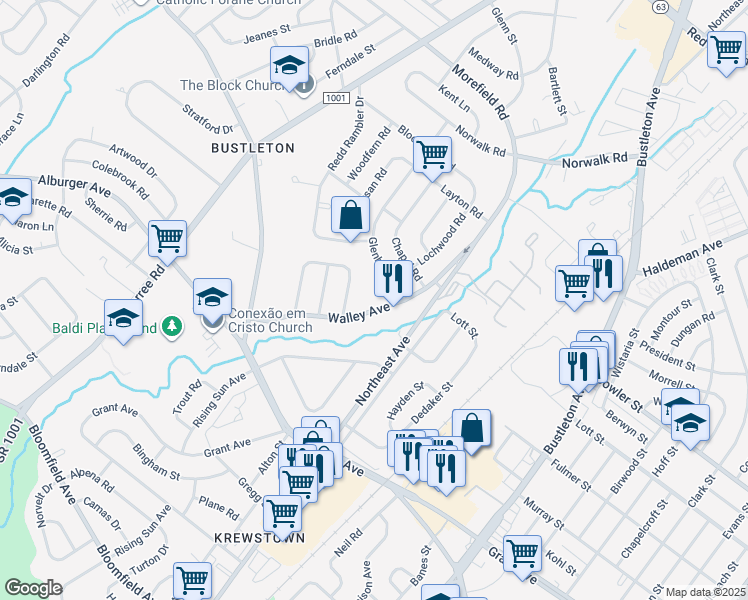 map of restaurants, bars, coffee shops, grocery stores, and more near 9566 Walley Avenue in Philadelphia