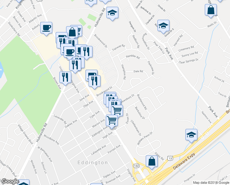 map of restaurants, bars, coffee shops, grocery stores, and more near Pine Court in Bensalem
