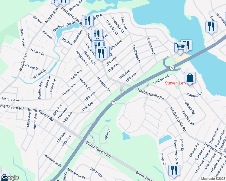 map of restaurants, bars, coffee shops, grocery stores, and more near 325 16th Avenue in Brick Township