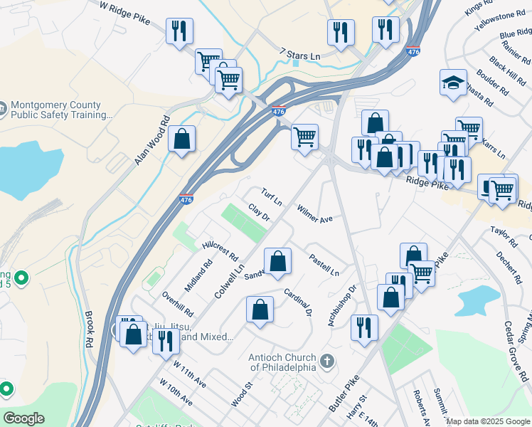 map of restaurants, bars, coffee shops, grocery stores, and more near 604 Clay Drive in Conshohocken