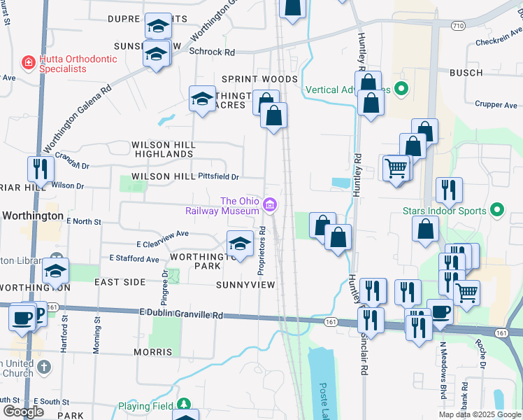 map of restaurants, bars, coffee shops, grocery stores, and more near 999 Proprietors Road in Columbus