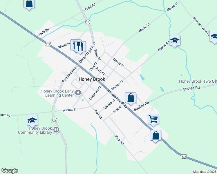 map of restaurants, bars, coffee shops, grocery stores, and more near 4331 Horseshoe Pike in Honey Brook