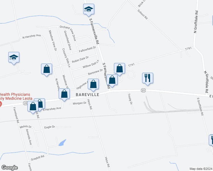 map of restaurants, bars, coffee shops, grocery stores, and more near 8 South Farmersville Road in Leacock-Leola-Bareville