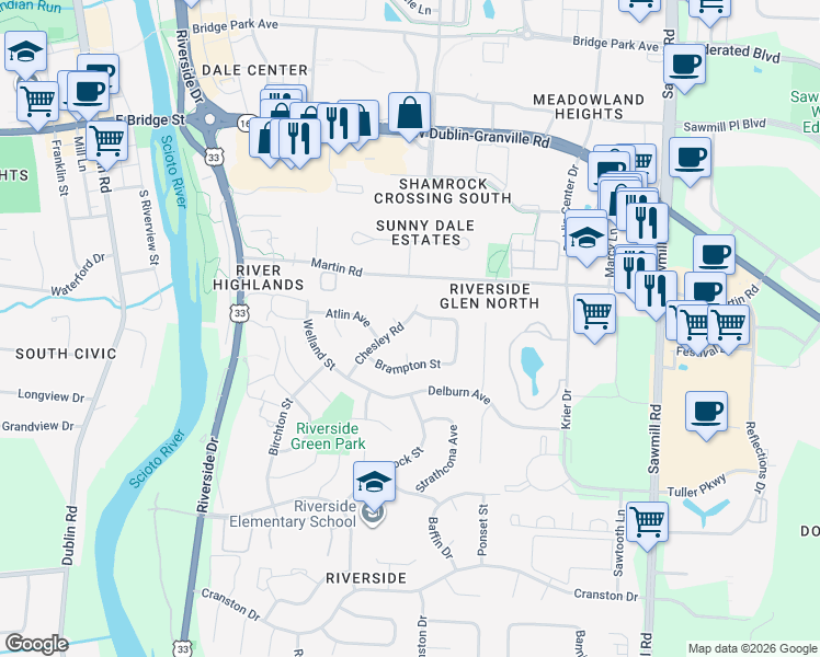 map of restaurants, bars, coffee shops, grocery stores, and more near 6808 Chesley Road in Dublin