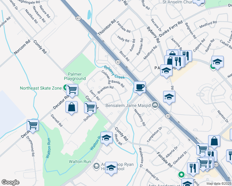 map of restaurants, bars, coffee shops, grocery stores, and more near 11851 Basile Road in Philadelphia