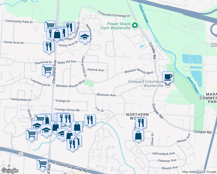 map of restaurants, bars, coffee shops, grocery stores, and more near 5856 Gloria Court in Columbus