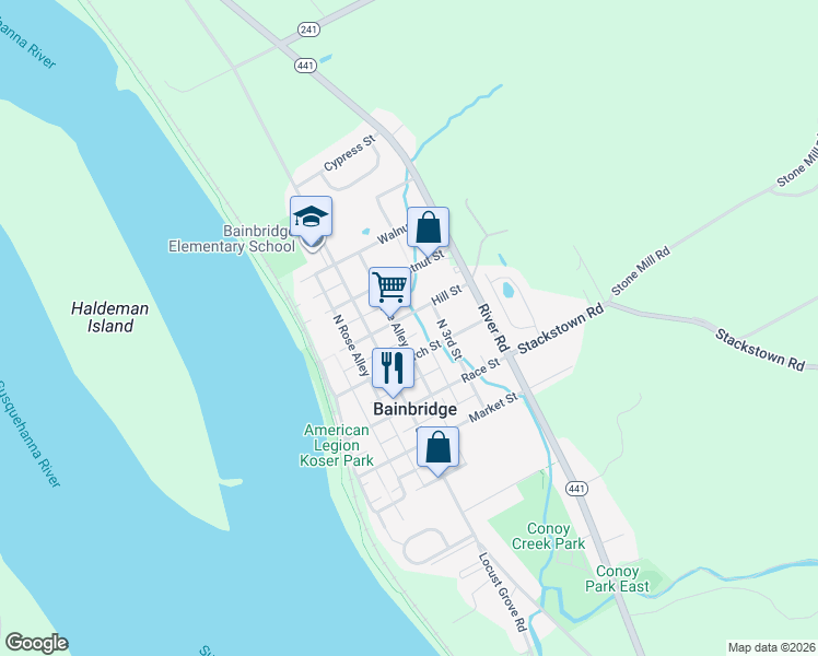 map of restaurants, bars, coffee shops, grocery stores, and more near 225 Hill St in Bainbridge