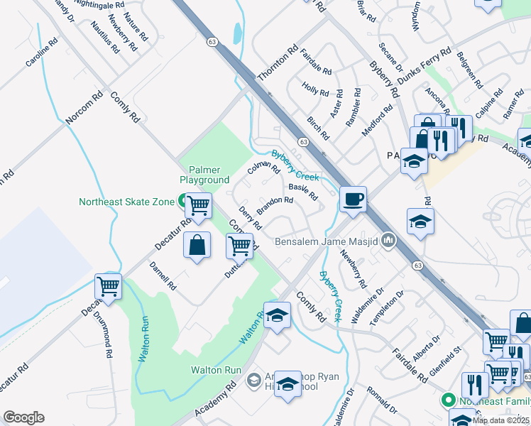 map of restaurants, bars, coffee shops, grocery stores, and more near 11727 Brandon Rd in Philadelphia