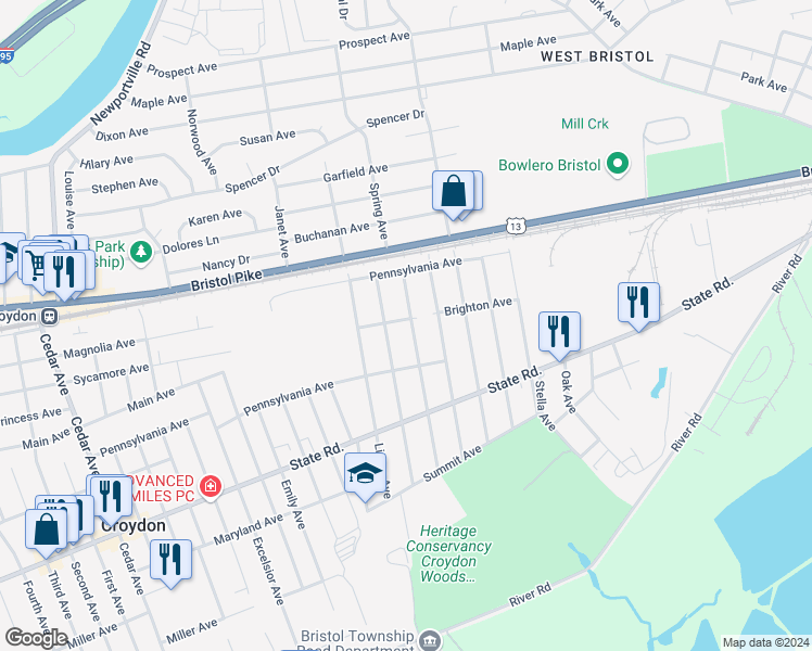 map of restaurants, bars, coffee shops, grocery stores, and more near 400 Harris Avenue in Croydon