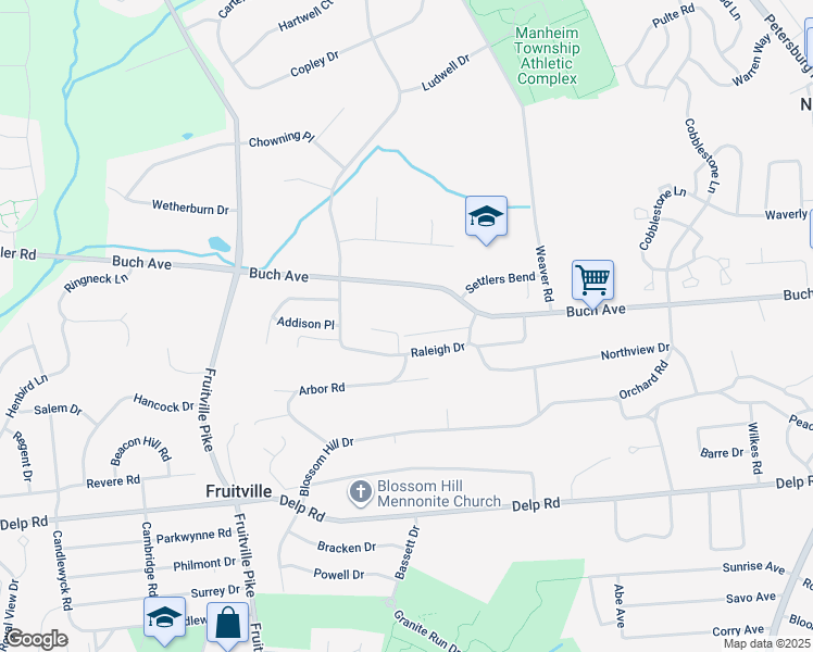 map of restaurants, bars, coffee shops, grocery stores, and more near 2237 Raleigh Drive in Lancaster