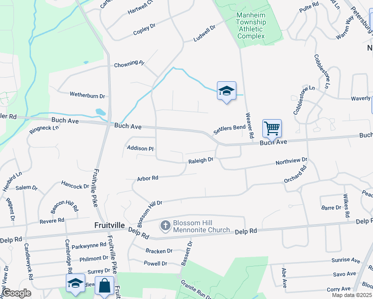 map of restaurants, bars, coffee shops, grocery stores, and more near 2237 Raleigh Drive in Lancaster