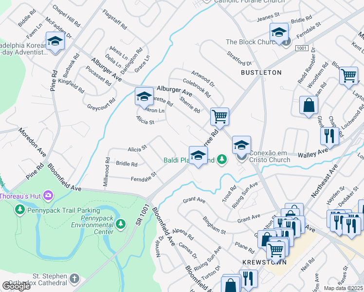 map of restaurants, bars, coffee shops, grocery stores, and more near 3 Dogwood Lane in Philadelphia