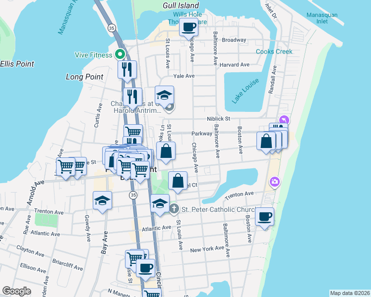 map of restaurants, bars, coffee shops, grocery stores, and more near 301 Central Avenue in Point Pleasant Beach
