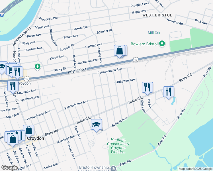 map of restaurants, bars, coffee shops, grocery stores, and more near 400 Harris Avenue in Croydon