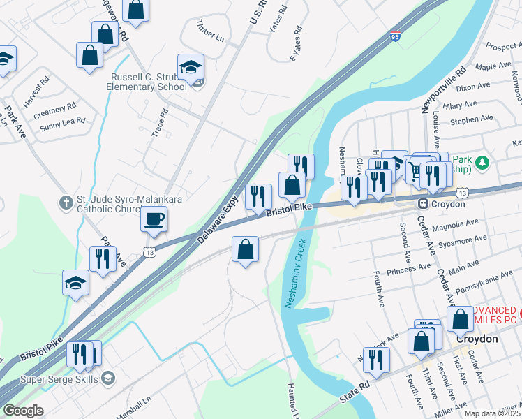 map of restaurants, bars, coffee shops, grocery stores, and more near 1033 Maple Avenue in Bensalem