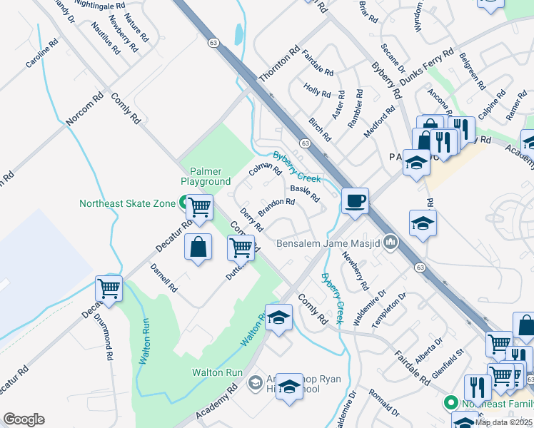 map of restaurants, bars, coffee shops, grocery stores, and more near 11727 Brandon Rd in Philadelphia