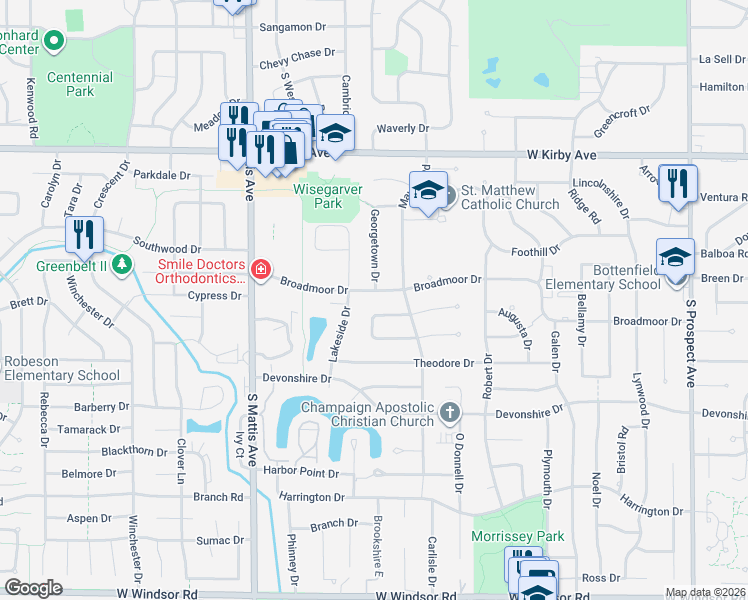 map of restaurants, bars, coffee shops, grocery stores, and more near 1403 Broadmoor Drive in Champaign