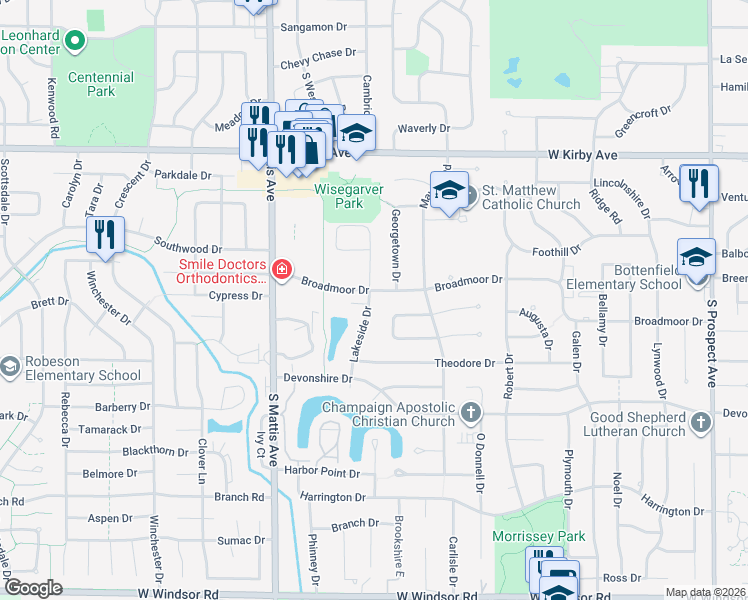 map of restaurants, bars, coffee shops, grocery stores, and more near 1505 Broadmoor Drive in Champaign