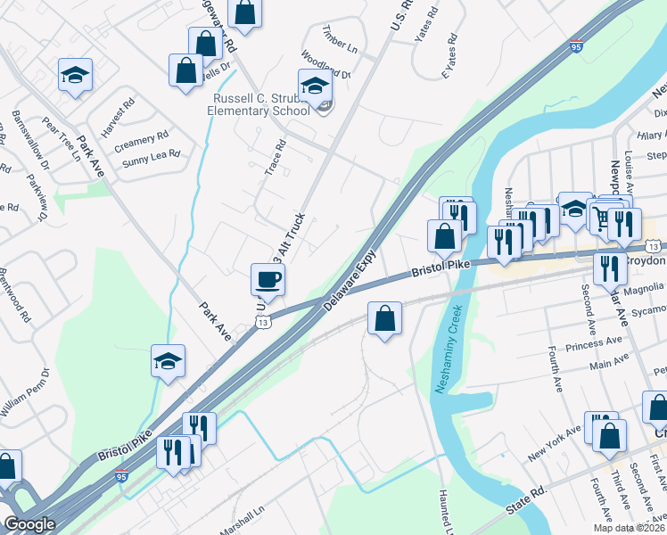 map of restaurants, bars, coffee shops, grocery stores, and more near 3876 Allen Avenue in Bensalem