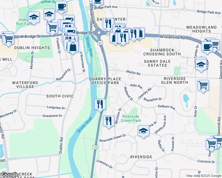 map of restaurants, bars, coffee shops, grocery stores, and more near 6170 Riverside Drive in Dublin