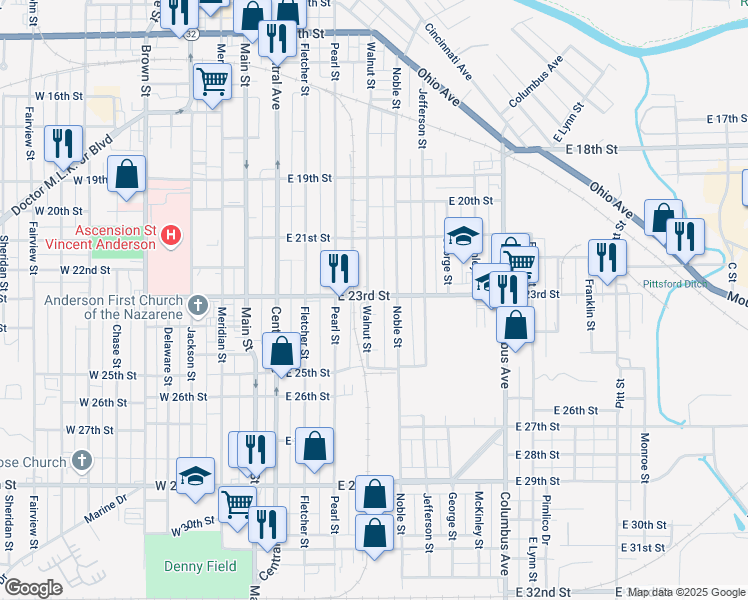 map of restaurants, bars, coffee shops, grocery stores, and more near 507 East 23rd Street in Anderson