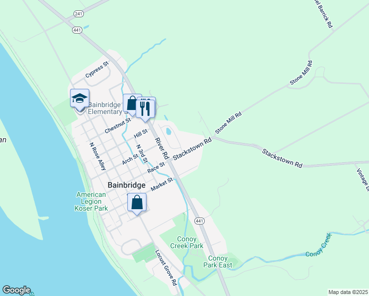 map of restaurants, bars, coffee shops, grocery stores, and more near 100 Commodore Drive in Bainbridge