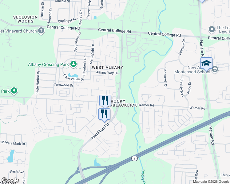 map of restaurants, bars, coffee shops, grocery stores, and more near 6300 Calebs Creek Way in Westerville