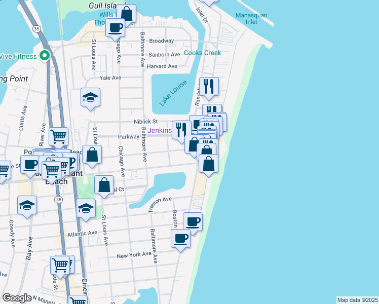map of restaurants, bars, coffee shops, grocery stores, and more near 20 Central Avenue in Point Pleasant Beach