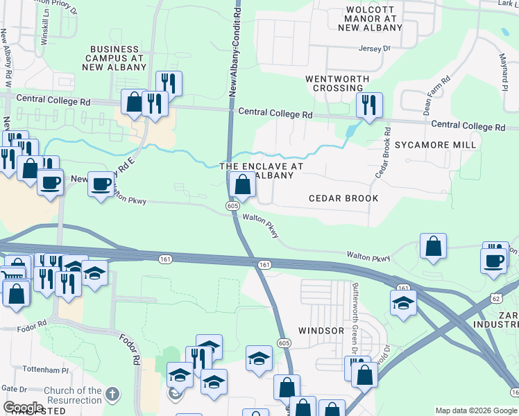 map of restaurants, bars, coffee shops, grocery stores, and more near 5425 Snider Loop in New Albany